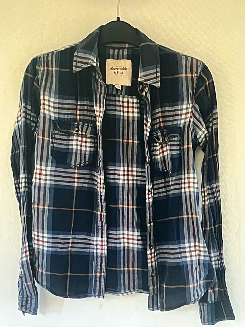 Abercrombie & Fitch Navy, White and Brown Plaid Button-Down Shirt
